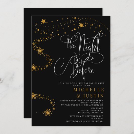 金ゴールドグリッタースターズリハーサルディナー 招待状 (正面/裏面)