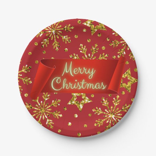 金ゴールドグリッタースターズ&スノーフレーク ペーパープレート (正面)