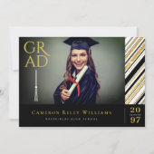 金ゴールドグリッターストライプシック写真卒業パーティー 招待状 (正面)