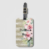 金ゴールドグリッターストライプピンクハイビスカスフラワー ラゲッジタグ (正面縦)