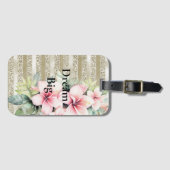 金ゴールドグリッターストライプピンクハイビスカスフラワー ラゲッジタグ (正面横)