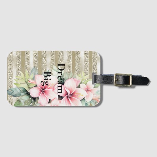金ゴールドグリッターストライプピンクハイビスカスフラワー ラゲッジタグ (正面横)