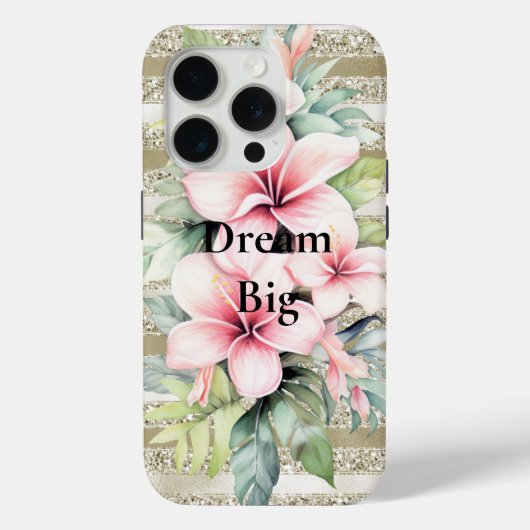 金ゴールドグリッターストライプピンクハイビスカスフラワー Case-Mate iPhoneケース (裏面)