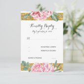 金ゴールドグリッターストライプピンクフローラウェディングRSVP 出欠カード (スタンド正面)