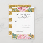 金ゴールドグリッターストライプピンクフローラウェディングRSVP 出欠カード (正面/裏面)