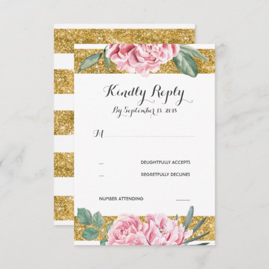 金ゴールドグリッターストライプピンクフローラウェディングRSVP 出欠カード (正面/裏面)