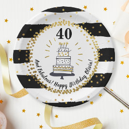 金ゴールドグリッターストライプブラックハッピーバースデー ペーパープレート