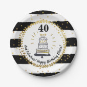 金ゴールドグリッターストライプブラックハッピーバースデー ペーパープレート (正面)