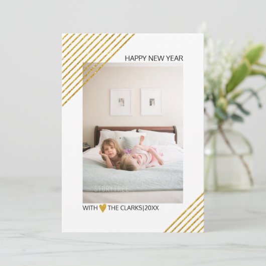 金ゴールドグリッターストライプ新年のトレンディー写真 シーズンカード (スタンド正面)