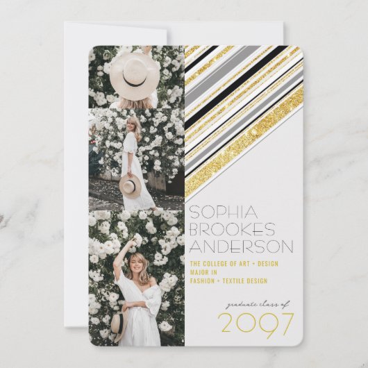 金ゴールドグリッターストライプ3フォトシック卒業パーティー 招待状 (正面)