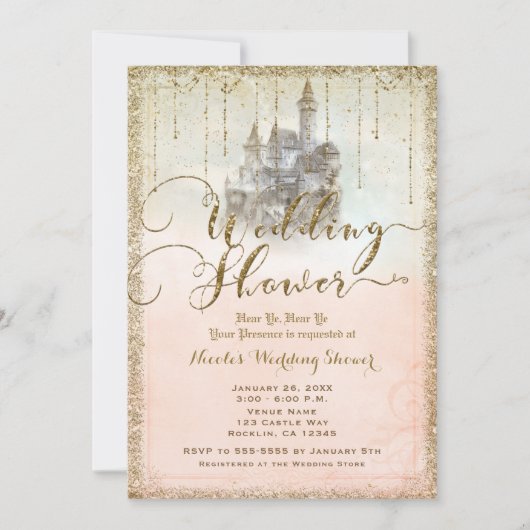 金ゴールドグリッターストーリーブックキャッスルウェディングシャワー 招待状 (正面)