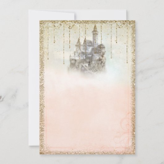 金ゴールドグリッターストーリーブックキャッスルウェディングシャワー 招待状 (裏面)