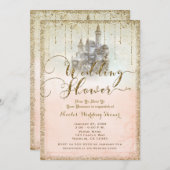 金ゴールドグリッターストーリーブックキャッスルウェディングシャワー 招待状 (正面/裏面)
