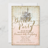金ゴールドグリッターストーリーブックキャッスルバースデーパーティー写真 招待状 (正面)