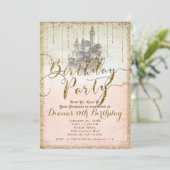 金ゴールドグリッターストーリーブックキャッスルバースデーパーティー写真 招待状 (スタンド正面)