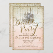 金ゴールドグリッターストーリーブックキャッスルバースデーパーティー写真 招待状 (正面/裏面)