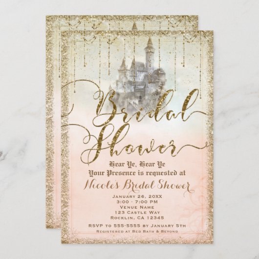 金ゴールドグリッターストーリーブックキャッスルブライダルシャワー 招待状 (正面/裏面)