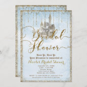 金ゴールドグリッターストーリーブックキャッスルブルーブライダルシャワー 招待状 (正面/裏面)