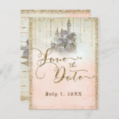 金ゴールドグリッターストーリーブックキャッスル日付の保存 案内ポストカード (正面/裏面)