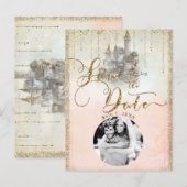 金ゴールドグリッターストーリーブックキャッスル日付写真を保存 案内ポストカード (正面/裏面)