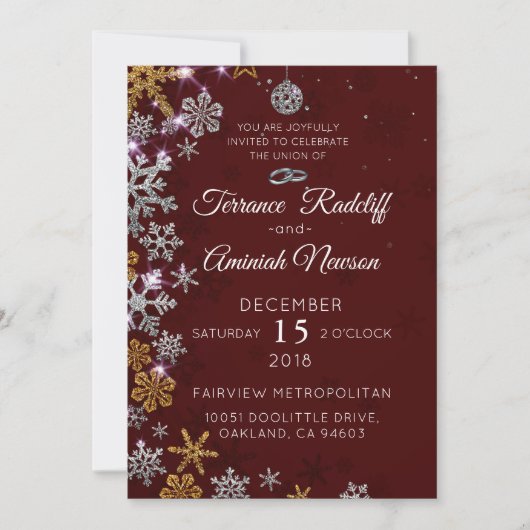 金ゴールドグリッタースノーフレークとホリデーオーナメント 招待状 (正面)