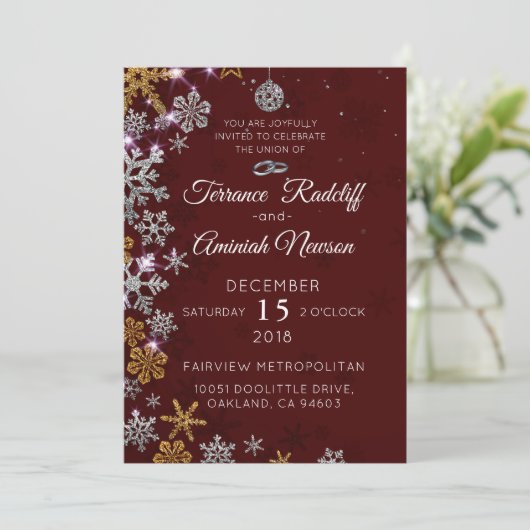 金ゴールドグリッタースノーフレークとホリデーオーナメント 招待状 (スタンド正面)