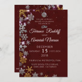 金ゴールドグリッタースノーフレークとホリデーオーナメント 招待状 (正面/裏面)