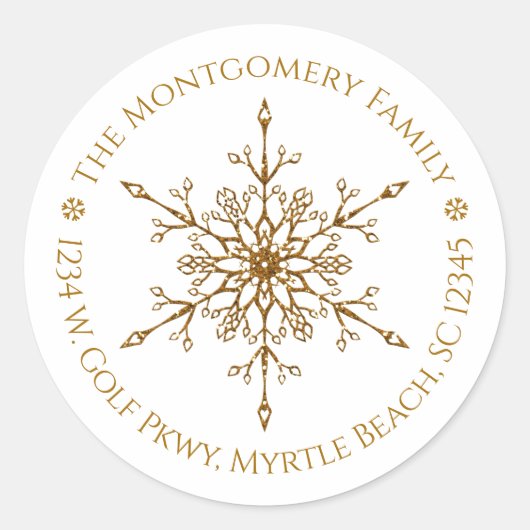 金ゴールドグリッタースノーフレークエレガントクリスマスホリデー ラウンドシール (正面)