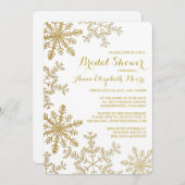 金ゴールドグリッタースノーフレークスウィンターブライダルシャワー 招待状 (正面/裏面)