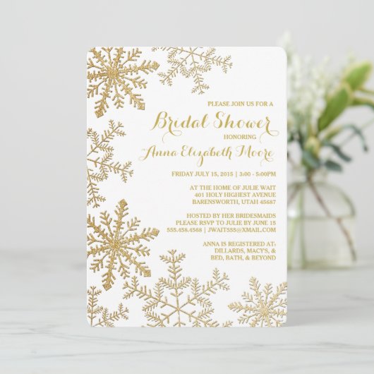 金ゴールドグリッタースノーフレークスウィンターブライダルシャワー 招待状 (スタンド正面)