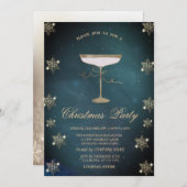 金ゴールドグリッタースノーフレークスシャンパンガラスクリスマス 招待状 (正面/裏面)