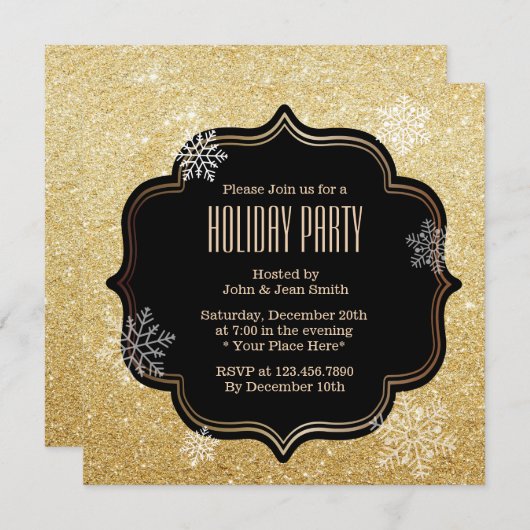 金ゴールドグリッタースノーフレークズホリデーパーティ招待状 招待状 (正面/裏面)