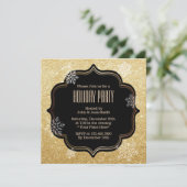 金ゴールドグリッタースノーフレークズホリデーパーティ招待状 招待状 (スタンド正面)