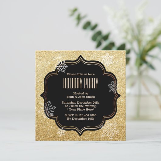 金ゴールドグリッタースノーフレークズホリデーパーティ招待状 招待状 (スタンド正面)