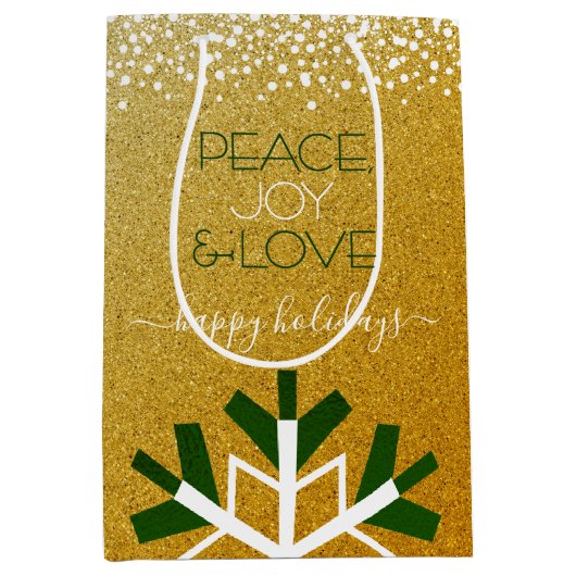 金ゴールドグリッタースノーフレークピースジョーラブタイポグラフィ ミディアムペーパーバッグ (正面)