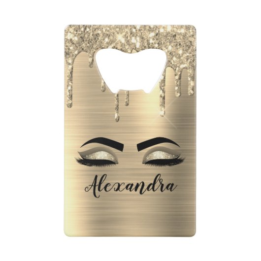 金ゴールドグリッタースパークルまつげモノグラム名 クレジットカード栓抜き (正面)