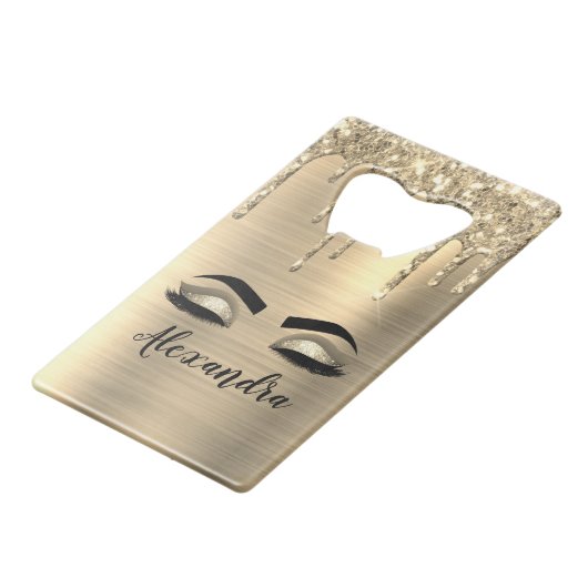 金ゴールドグリッタースパークルまつげモノグラム名 クレジットカード栓抜き (裏面アングル)