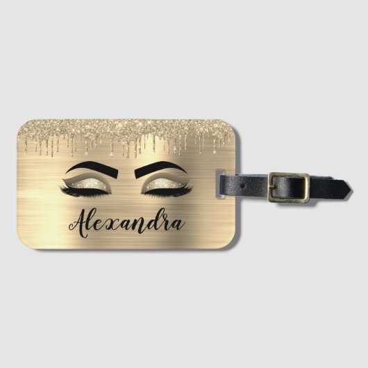金ゴールドグリッタースパークルまつげモノグラム名 ラゲッジタグ (正面横)