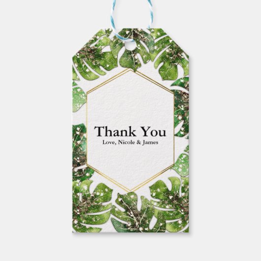 金ゴールドグリッタースパークルグラムトロピカル葉の支持 ギフトタグ (正面)