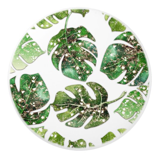 金ゴールドグリッタースパークルグラムトロピカル葉シック セラミックノブ (正面)