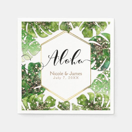 金ゴールドグリッタースパークルグラムトロピカル葉結婚ズ スタンダードカクテルナプキン (正面)