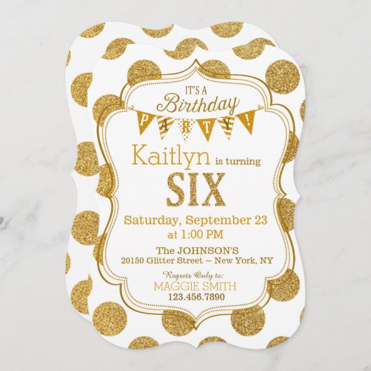 金ゴールドグリッタースパークルシックス誕生日招待状 招待状 (正面/裏面)