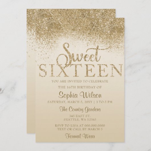 金ゴールドグリッタースパークルスウィート16誕生日 招待状 (正面/裏面)