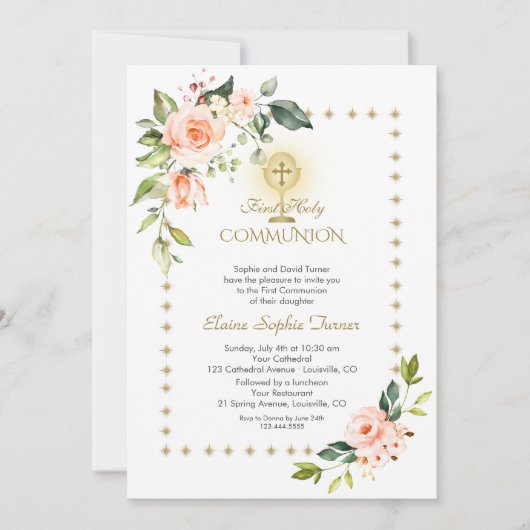 金ゴールドグリッタースパークルスコーラルフラワーズ神聖な聖餐式 招待状 (正面)