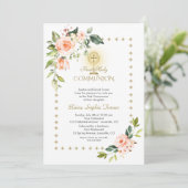 金ゴールドグリッタースパークルスコーラルフラワーズ神聖な聖餐式 招待状 (スタンド正面)