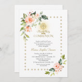 金ゴールドグリッタースパークルスコーラルフラワーズ神聖な聖餐式 招待状 (正面/裏面)