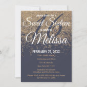 金ゴールドグリッタースパークルスネイビーブルースウィート16 招待状 (正面)