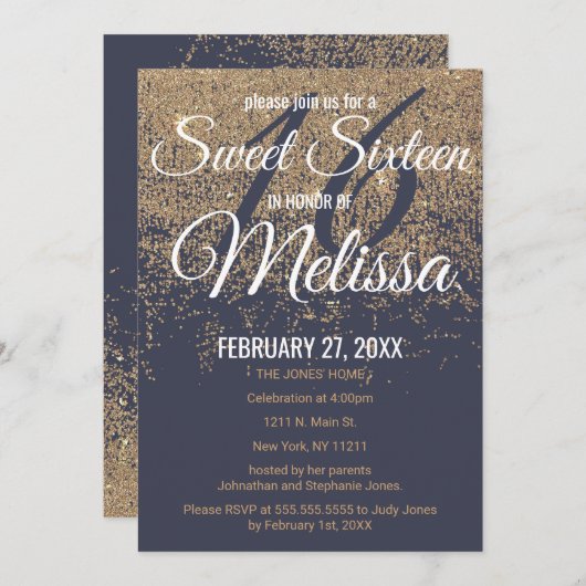 金ゴールドグリッタースパークルスネイビーブルースウィート16 招待状 (正面/裏面)