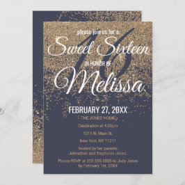 金ゴールドグリッタースパークルスネイビーブルースウィート16 招待状