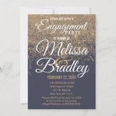 金ゴールドグリッタースパークルスネイビーブルー婚約 招待状 (正面)